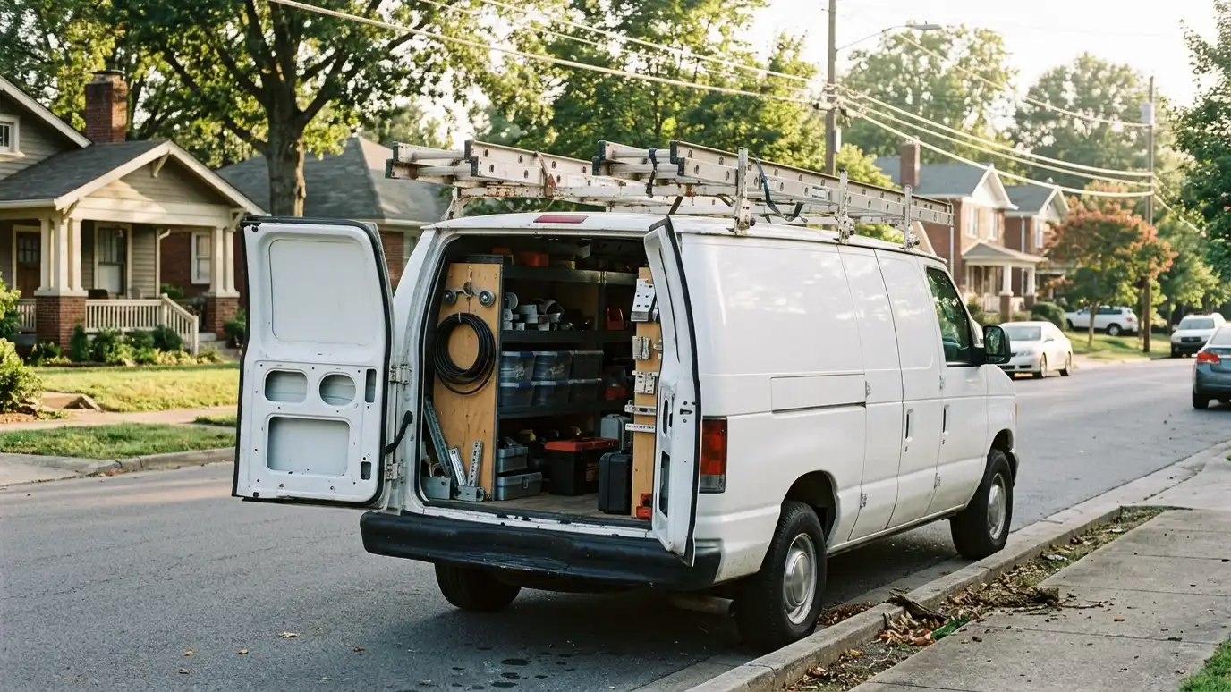 A plain white work van with a ladder rack parked at the curb in a Nashville neighborhood with its rear doors open showing neat shelves of door parts