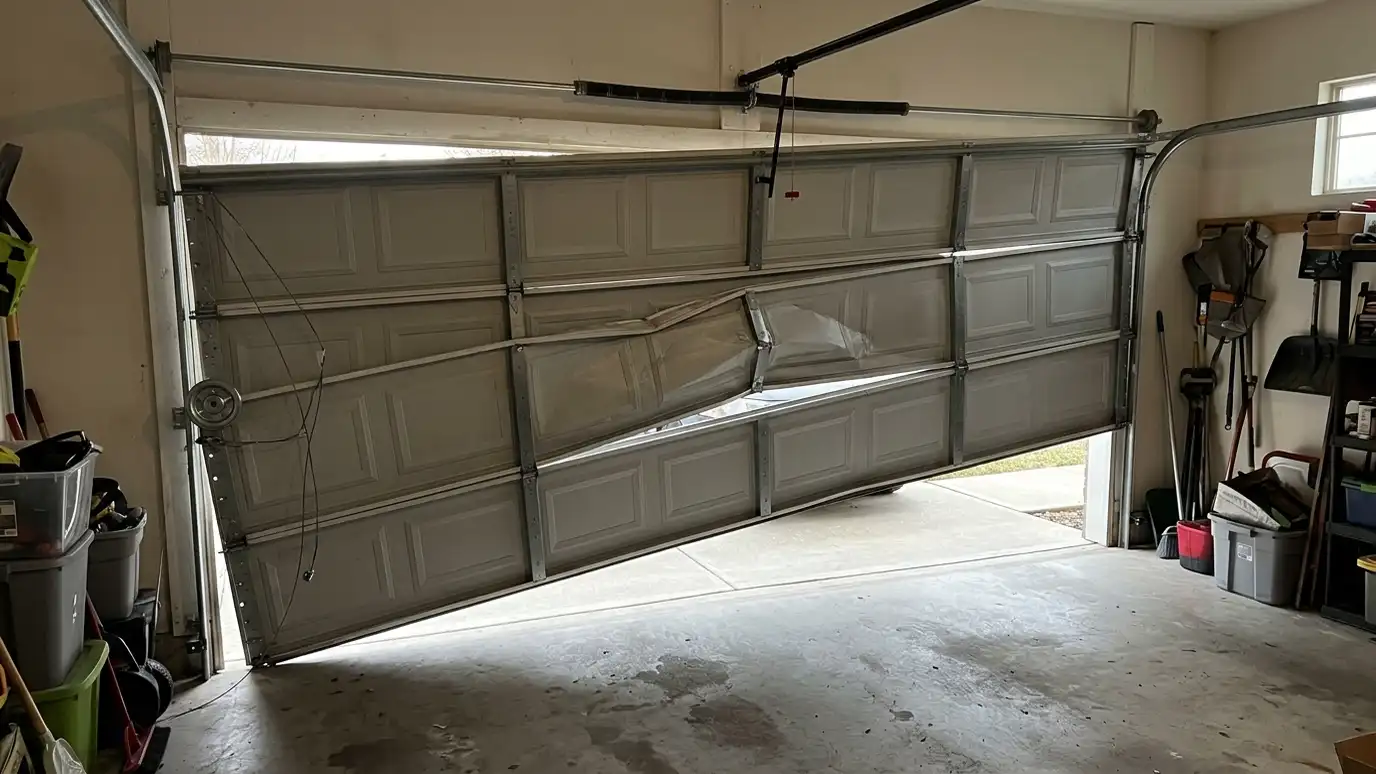 Before: a garage door with a door hanging crooked with one side dropped and a bent section