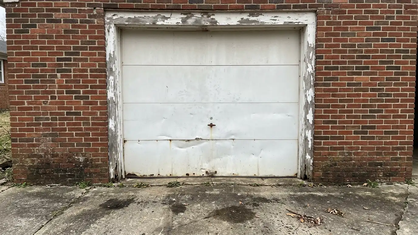 Before: a front-facing garage with a faded, dented white door with peeling trim