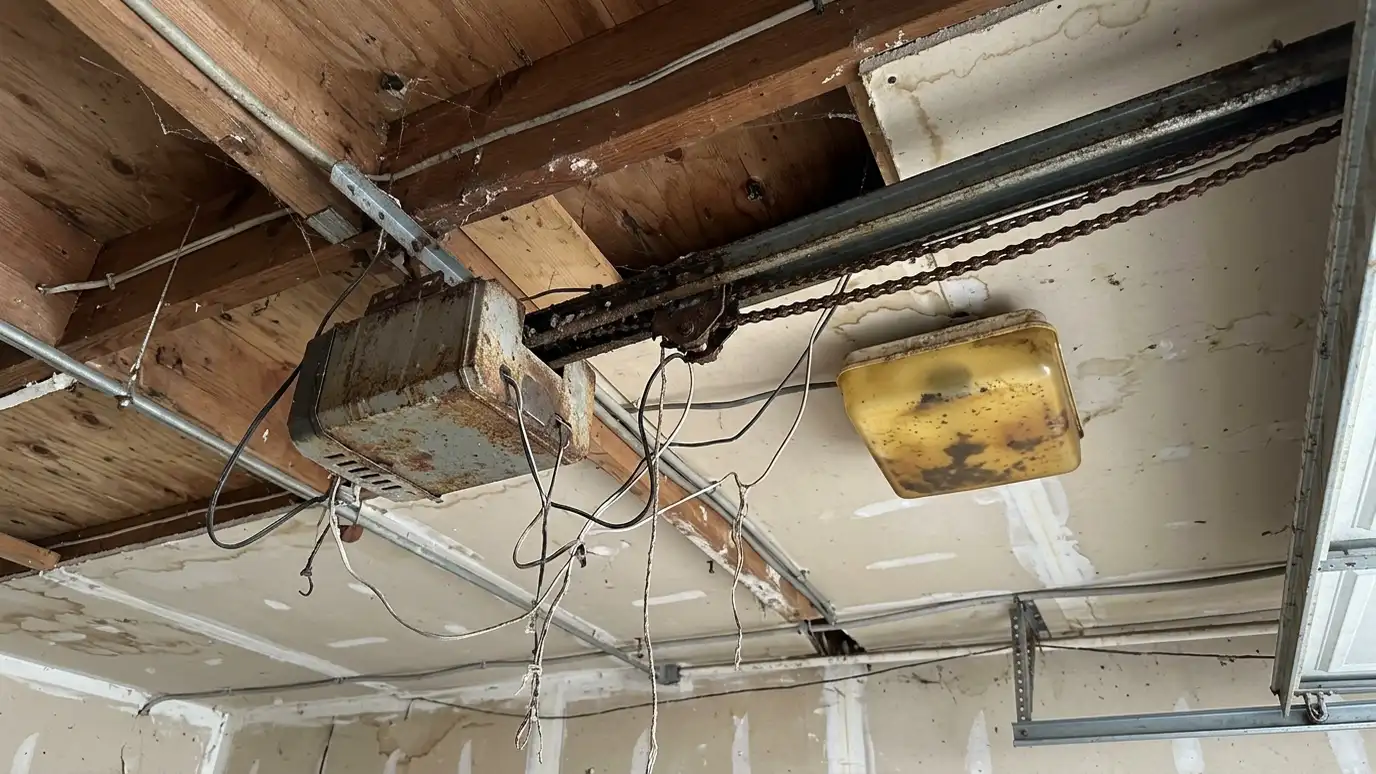 Before: a garage ceiling with an old rusty chain-drive opener with dangling wires