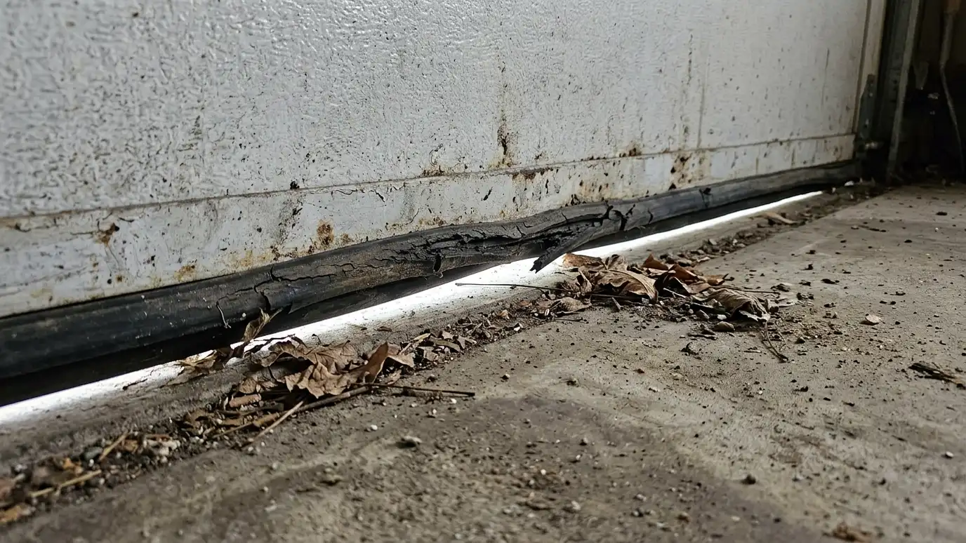 Before: the bottom of a garage door with a cracked rubber seal with daylight showing and leaves blown in