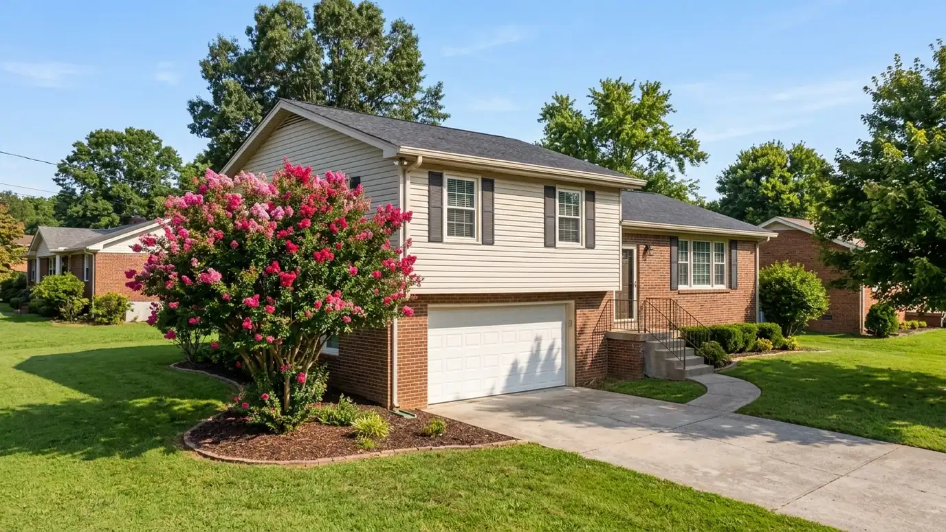 A well-kept home in Goodlettsville, Tennessee with a clean garage door on a quiet street