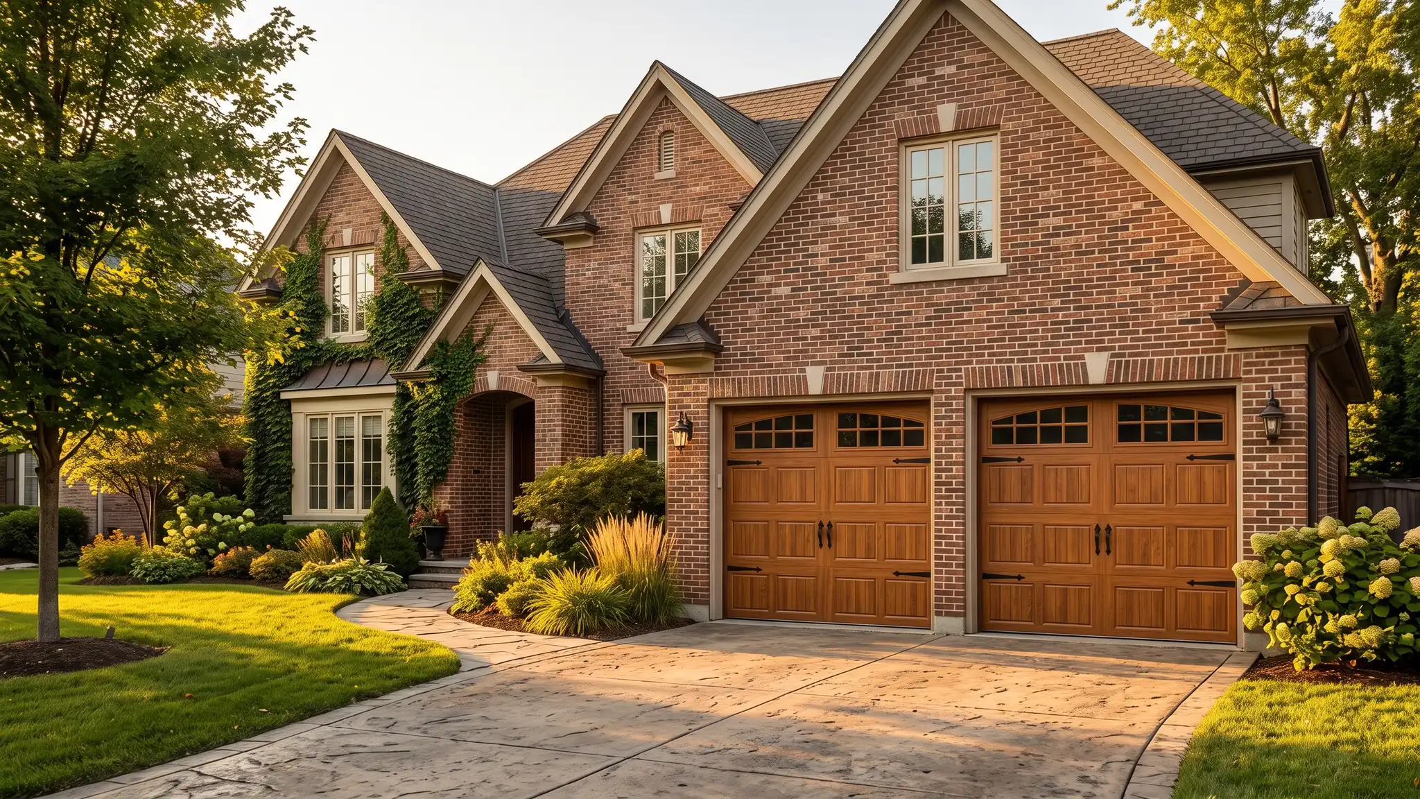 Carriage-house doors | Music City Garage Door Service A charming brick home with a double carriage-house style garage door in a warm wood-look finish with black strap hinges, handles and small arched windows at golden hour