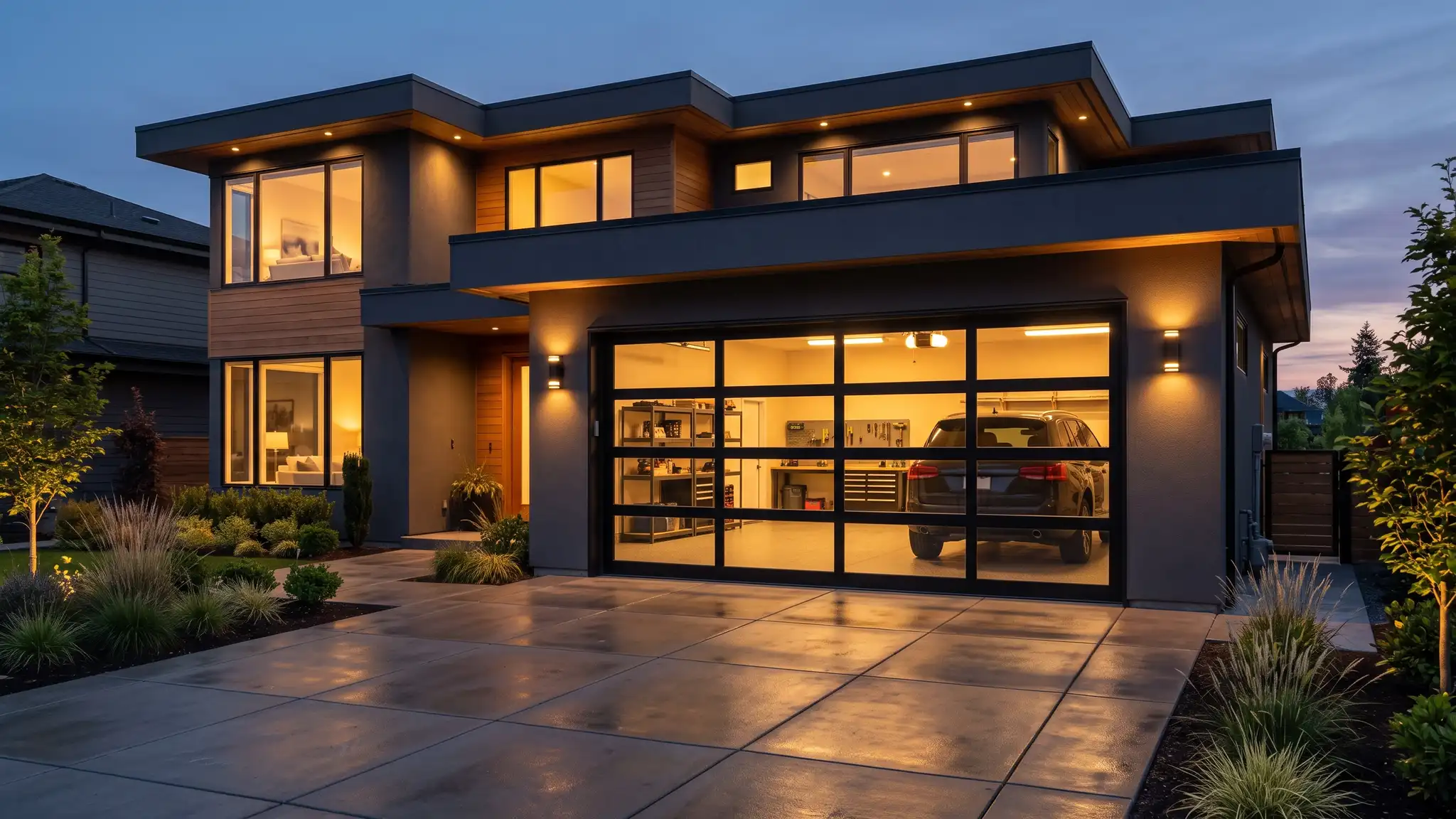 Full-view glass doors | Music City Garage Door Service A contemporary house with a full-view aluminum and clear glass garage door glowing warmly from inside with a black frame and a tidy garage visible