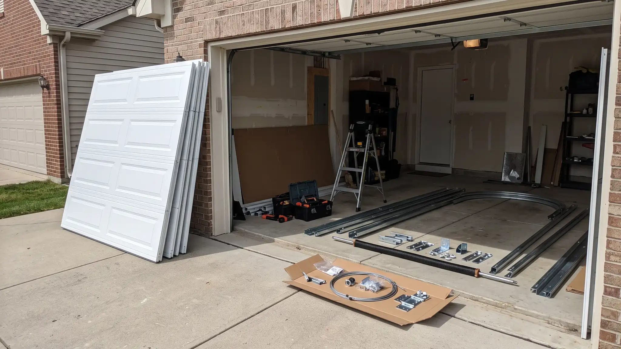 Careful installation | Music City Garage Door Service Stacked insulated steel door panels leaning beside an open garage, with tracks and torsion spring hardware laid neatly on the floor