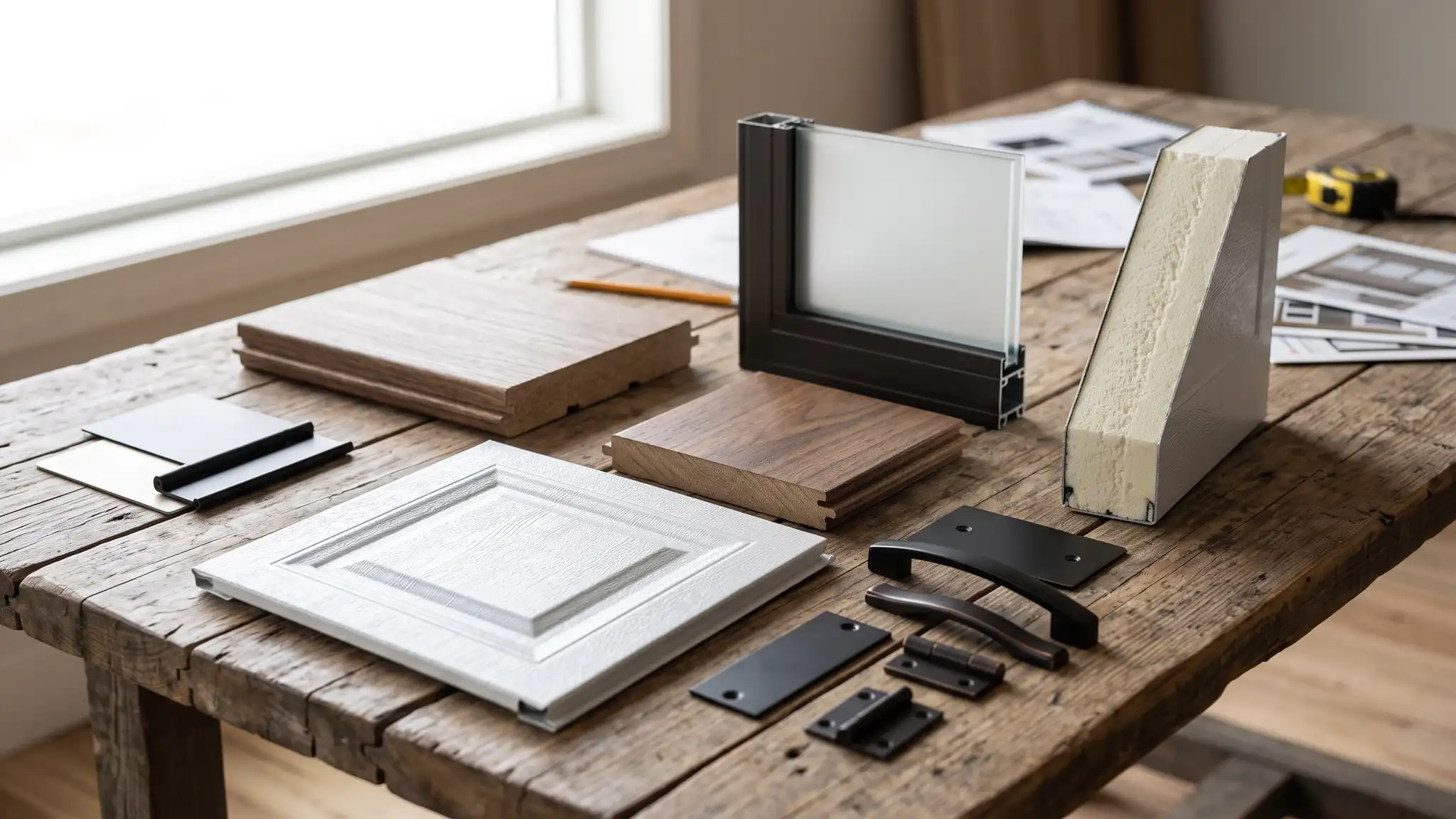 Garage door material samples on a table including a steel panel, a wood-look composite sample, aluminum and glass, an insulation foam cross-section and black and bronze hardware swatches