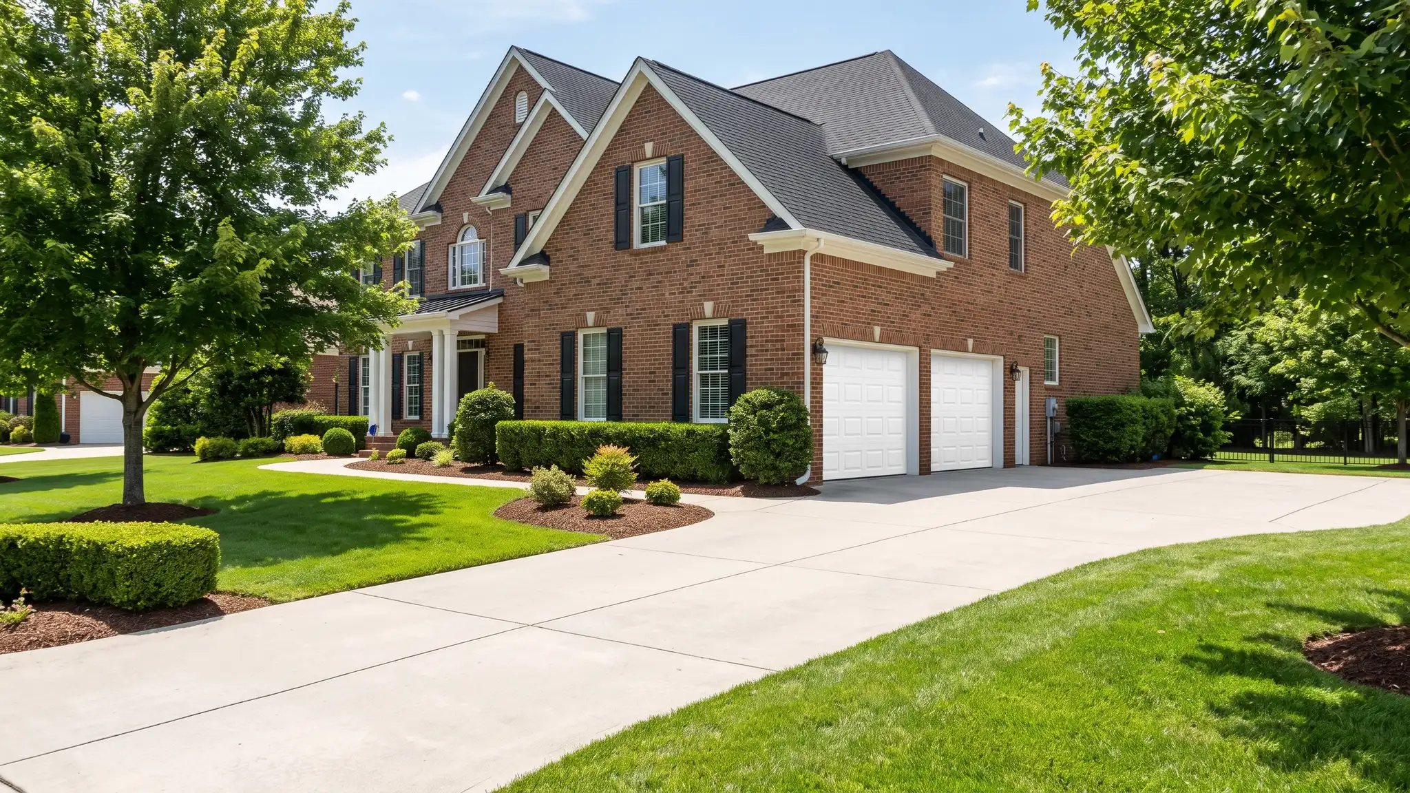 Steel raised-panel doors | Music City Garage Door Service A traditional two-story brick home with a pair of clean white raised-panel steel garage doors, tidy landscaping and a long driveway