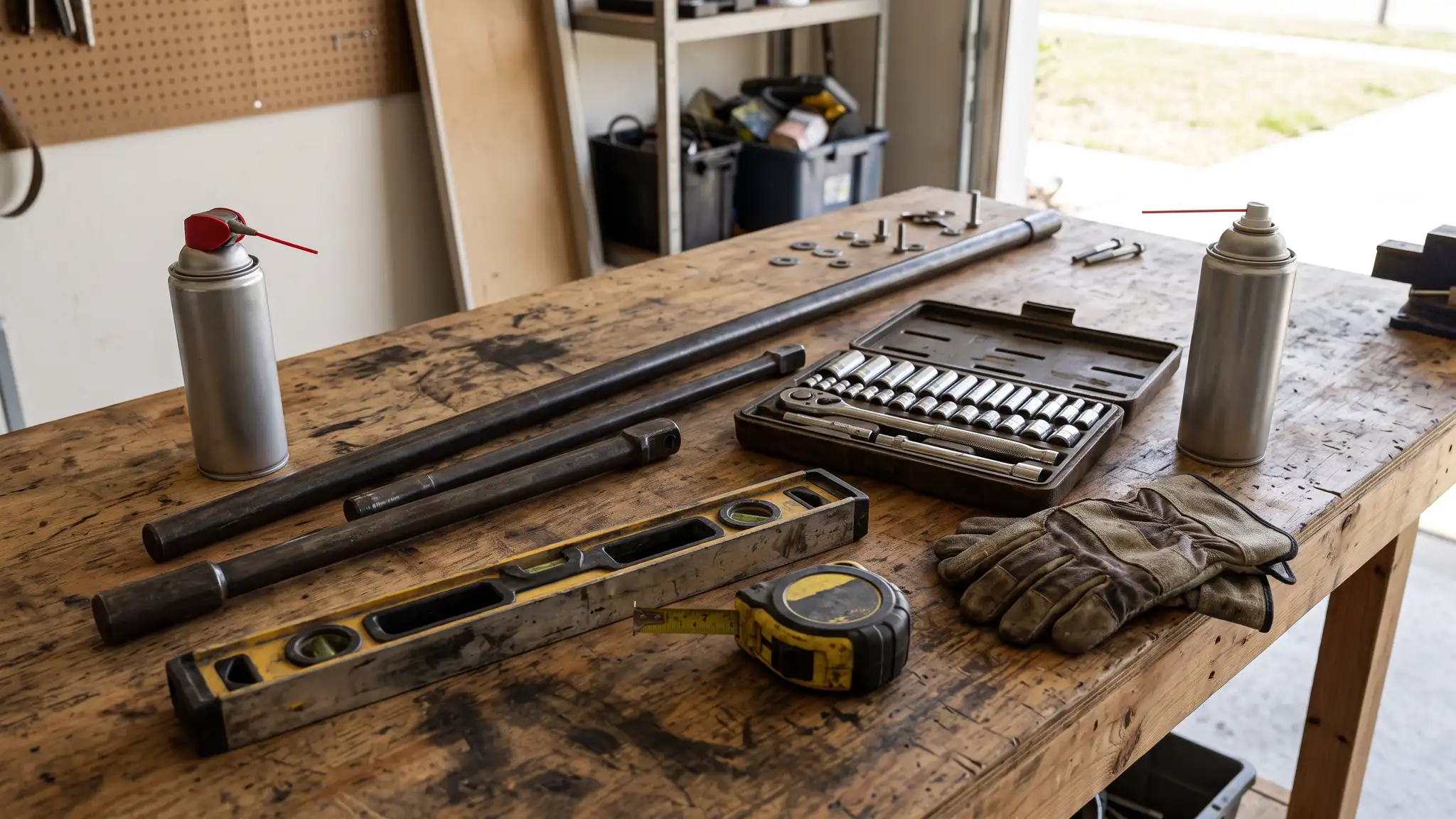 Repair and springs | Music City Garage Door Service Garage door service tools on a workbench including winding bars, a torque bar, a socket set, a level, a tape measure and work gloves