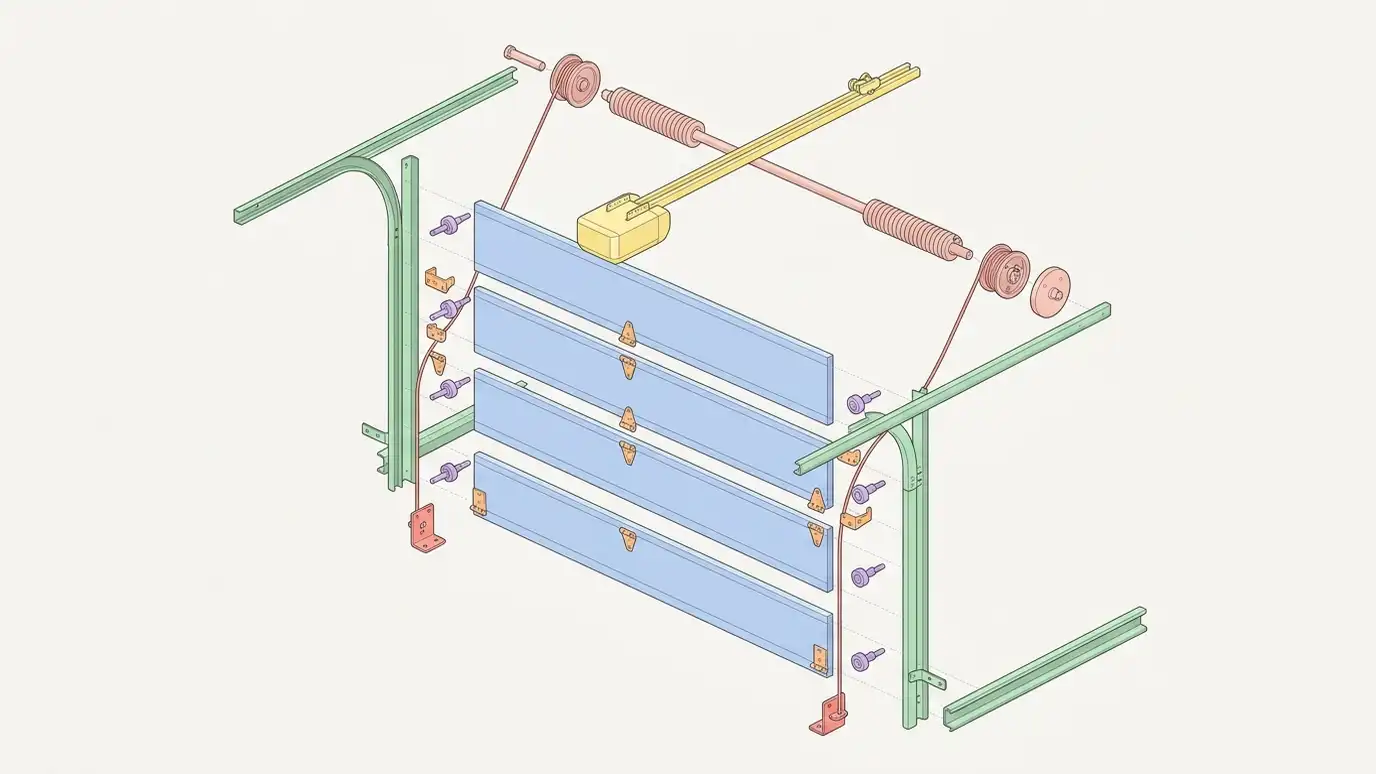 A clean illustrated exploded diagram of a sectional garage door system showing door panels, tracks, a torsion spring, cables, rollers, hinges and an opener