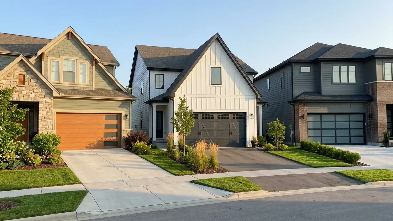 Garage door gallery | Music City Garage Door Service A row of three finished homes each with a different stylish garage door, tidy driveways and landscaping in welcoming morning light