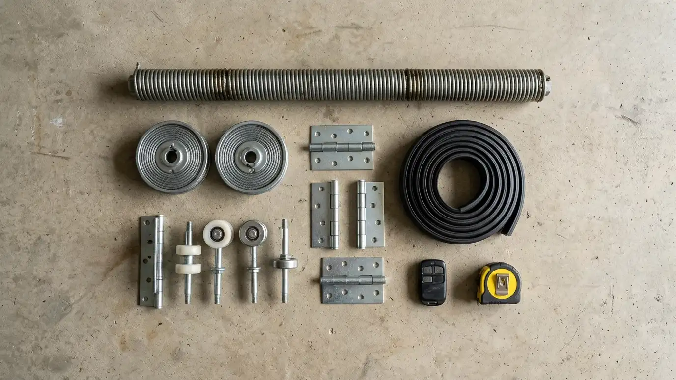 A flat lay of garage door parts on a concrete floor including a torsion spring, rollers, hinges, a cable drum and a bottom seal