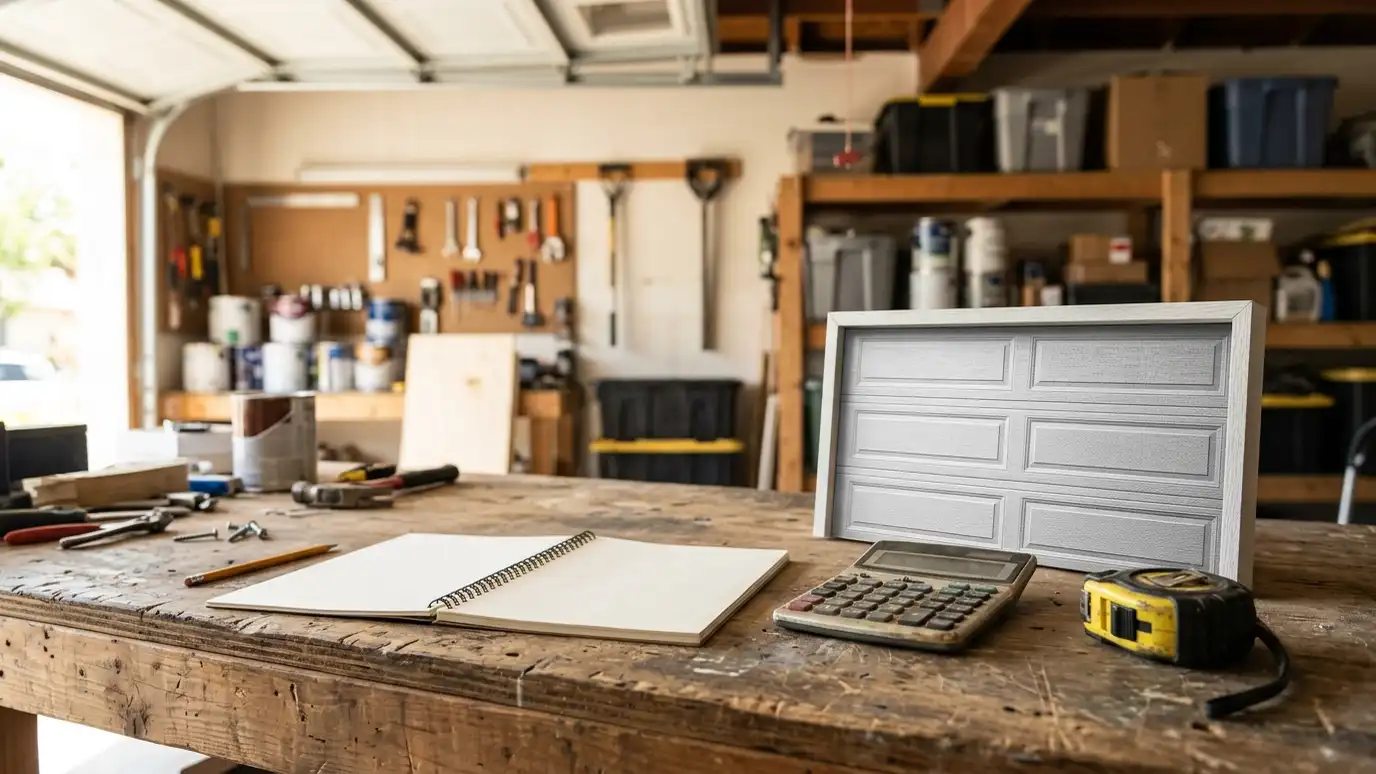 Garage door tools and calculators | Music City Garage Door Service A workbench with an open blank notebook, a calculator, a tape measure and a small garage door sample panel with a garage visible behind