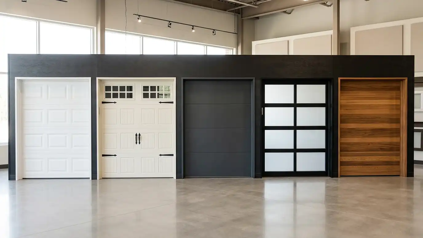 Garage door resource guides | Music City Garage Door Service A showroom wall of garage door style samples including raised panel, carriage house, flush modern, full-view glass and wood-look