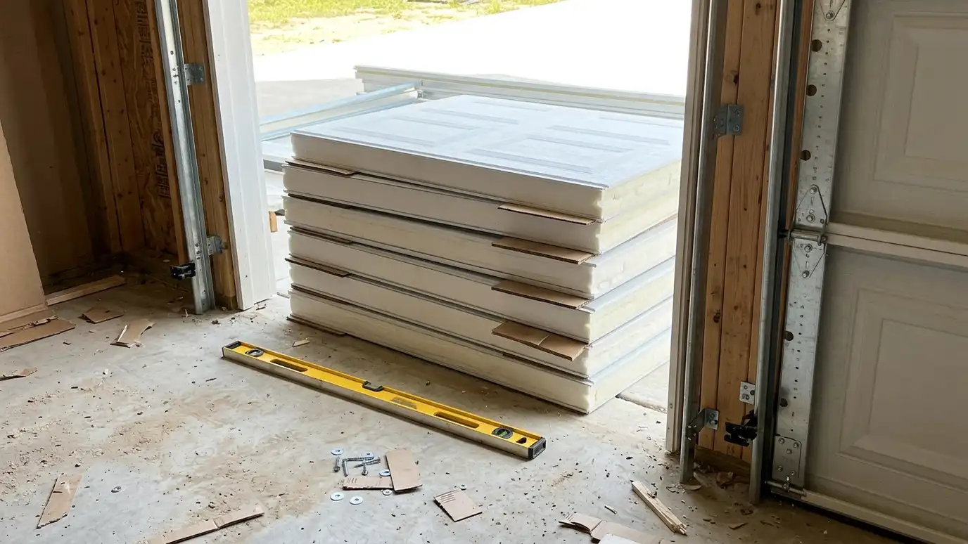 Our garage door installation process | Music City Garage Door Service New insulated garage door sections stacked in a doorway with tracks installed on both sides and a level resting on the floor