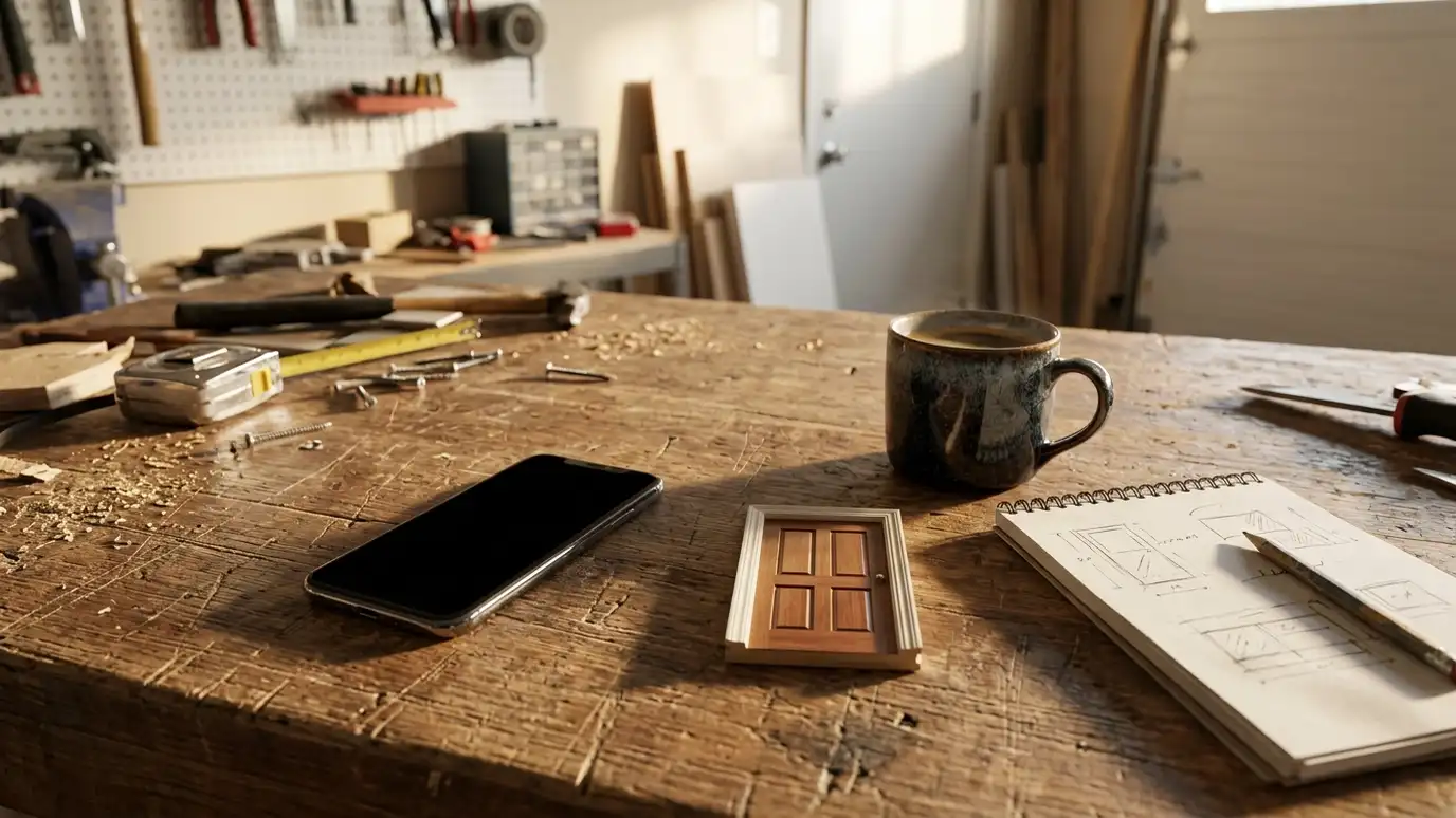 A phone with a blank screen and a coffee cup on a garage workbench beside a door sample and a notepad