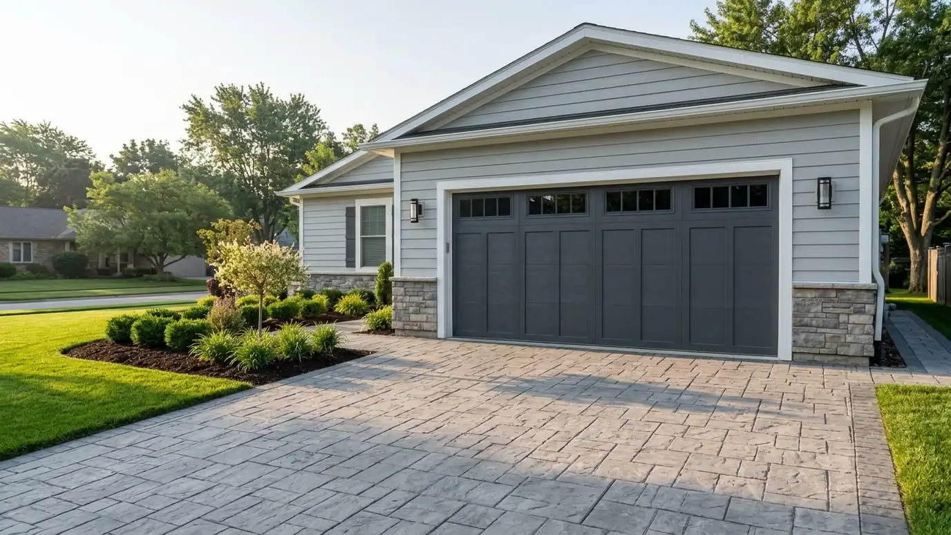 A finished garage with a spotless new garage door fully closed and a tidy driveway in soft morning light