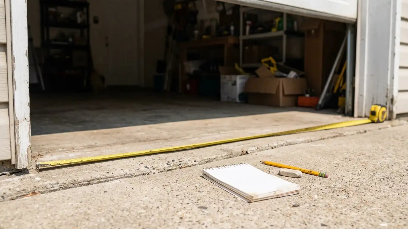 A tape measure stretched across a garage door opening with a pencil and a notepad on the ground