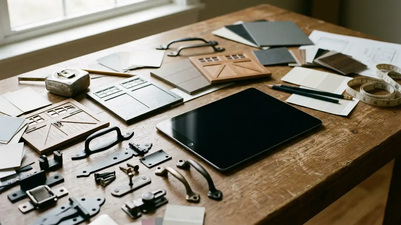 A table covered with garage door style samples, hardware swatches and a tablet