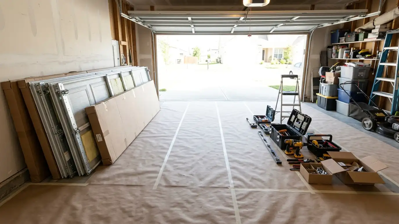 A garage cleared out with floor protection laid down, door sections stacked neatly and tools staged