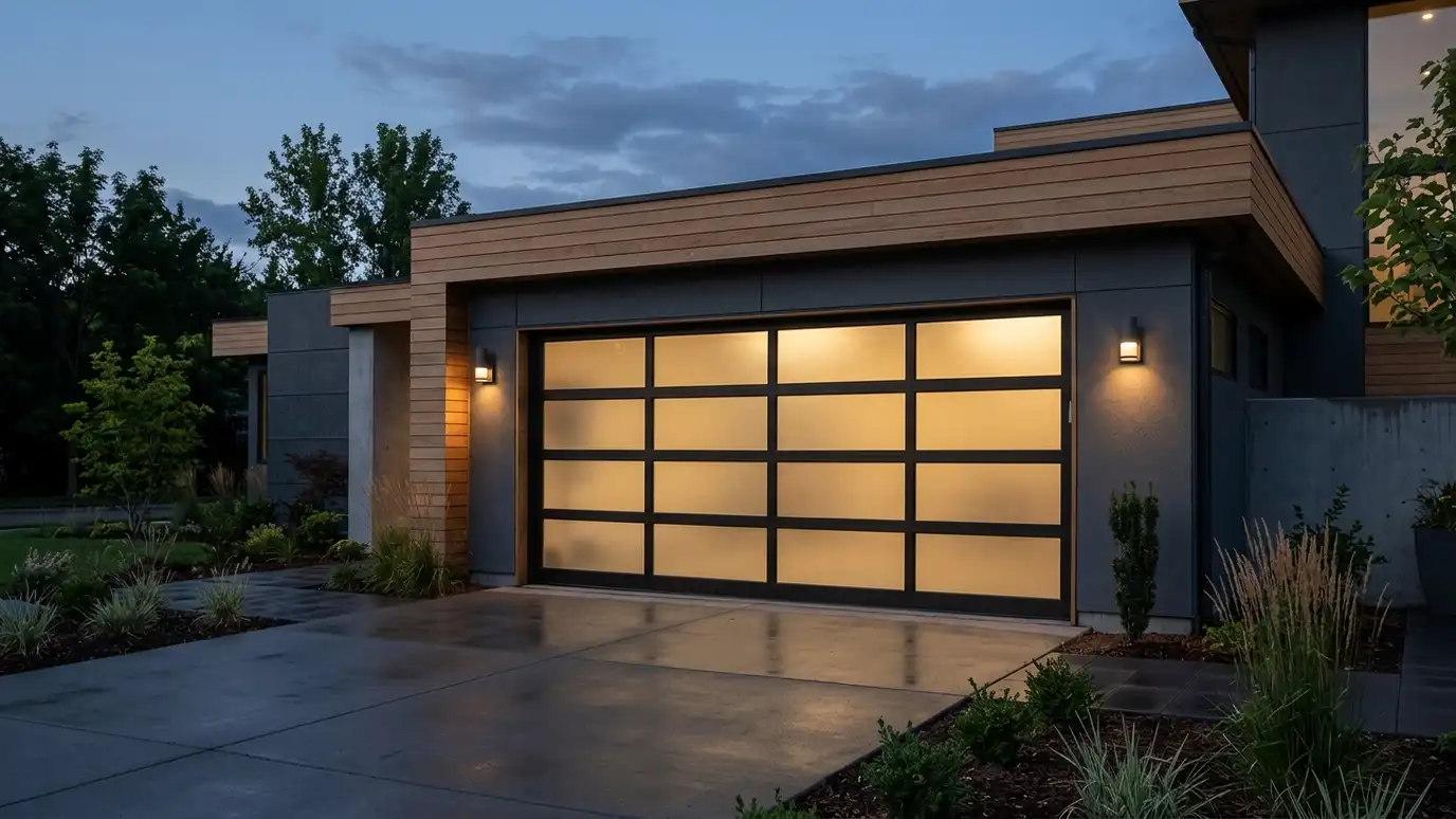 A full-view aluminum and frosted glass garage door on a modern home with interior lights visible at dusk A full-view aluminum and frosted glass garage door on a modern home with interior lights visible at dusk