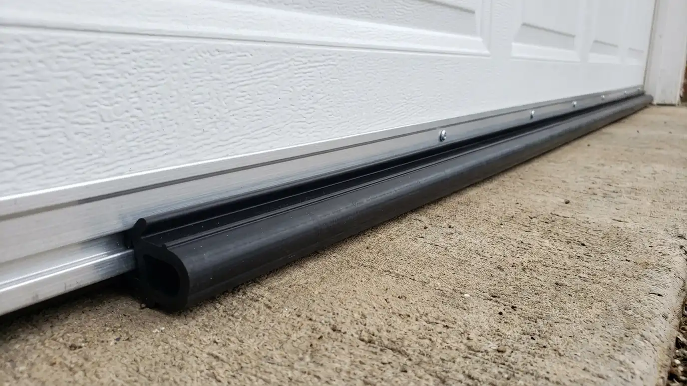 A new black rubber bottom seal in a retainer track at the base of a white garage door A new black rubber bottom seal in a retainer track at the base of a white garage door