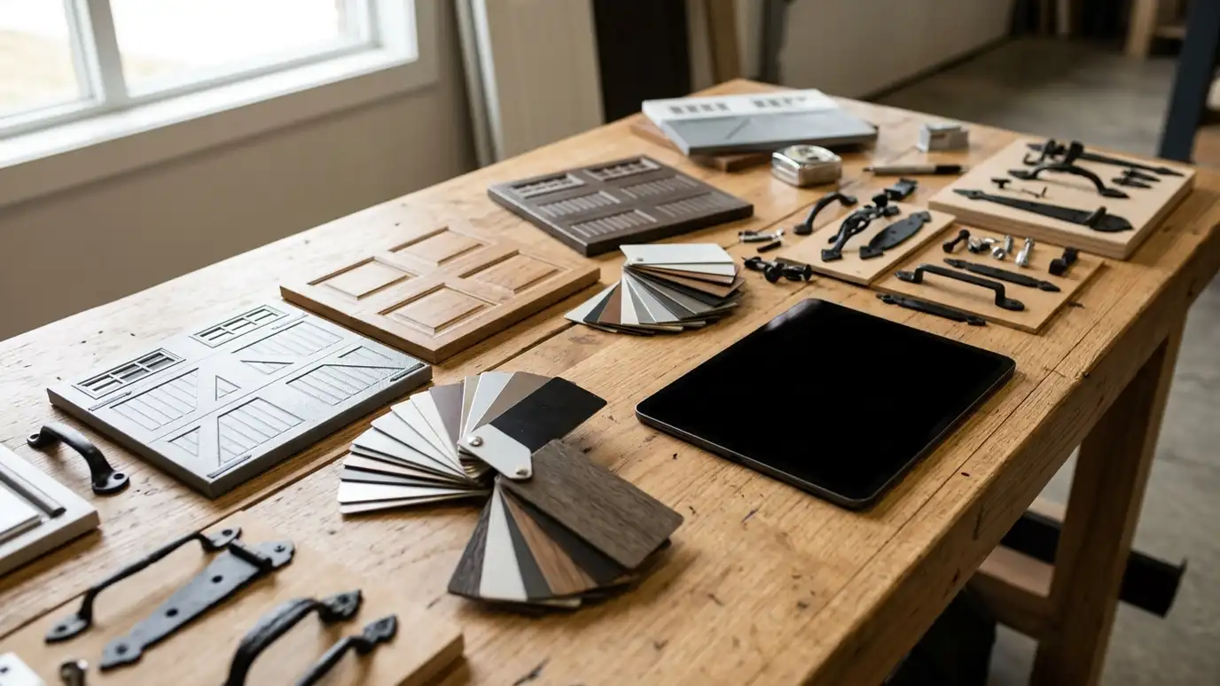 A table with garage door style sample panels, color swatches, hardware samples and a tablet