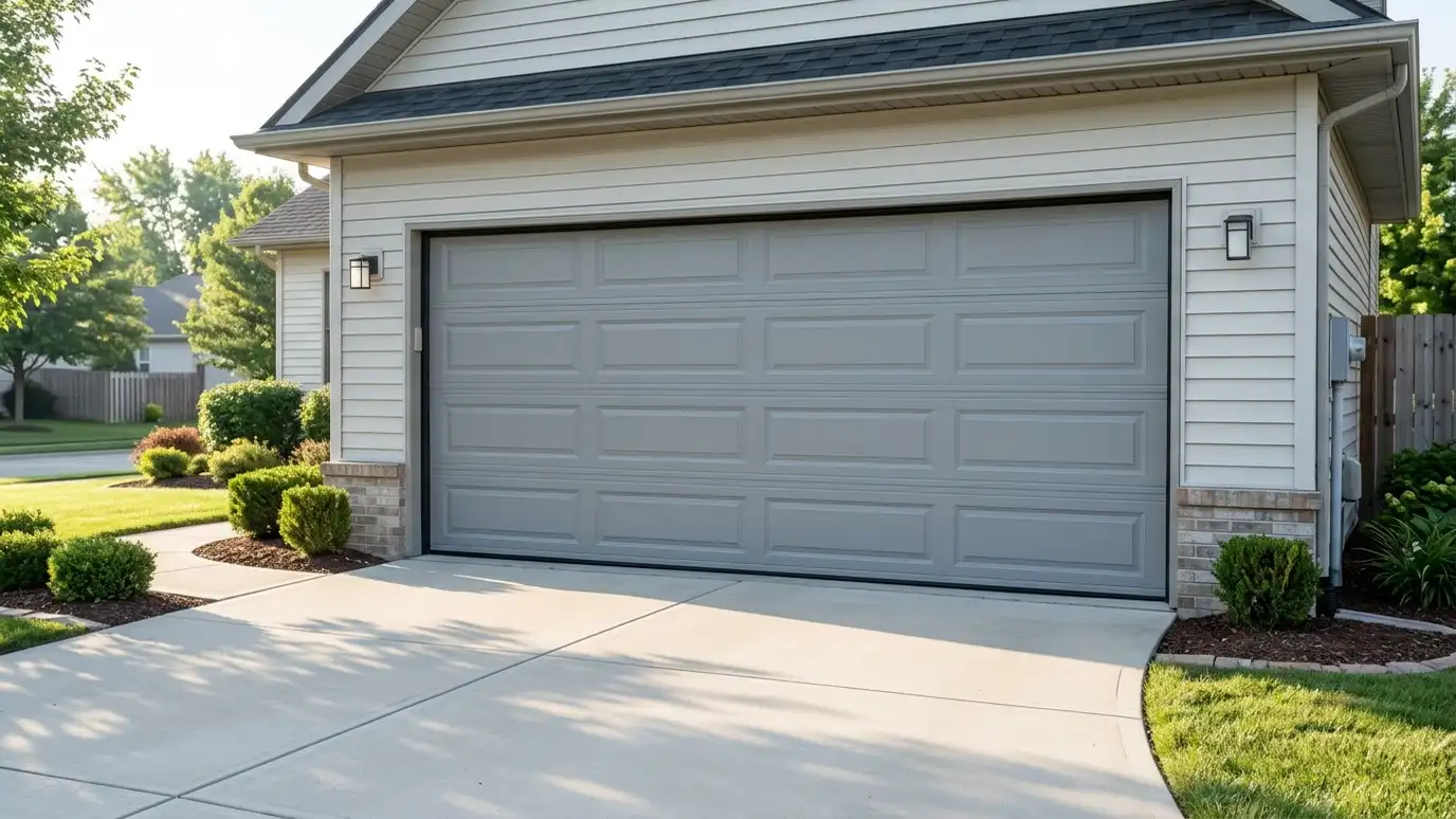 A newly installed insulated steel garage door in a soft gray finish on a tidy suburban home in bright morning light