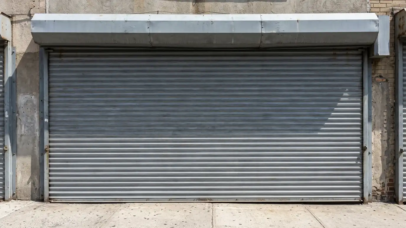 A closed rolling steel service door in gray on a storefront with its coil hood above A closed rolling steel service door in gray on a storefront with its coil hood above