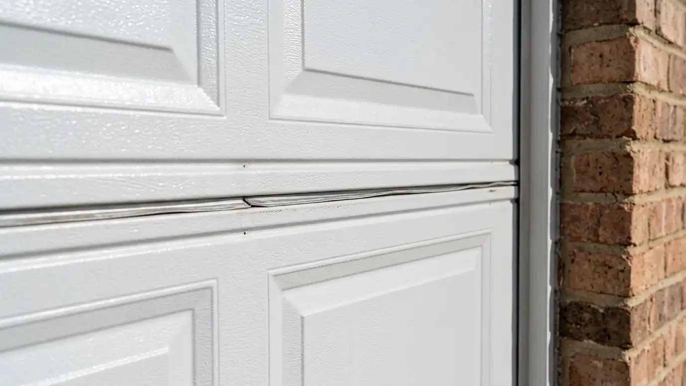 A clean raised-panel steel garage door in white on a brick home A clean raised-panel steel garage door in white on a brick home