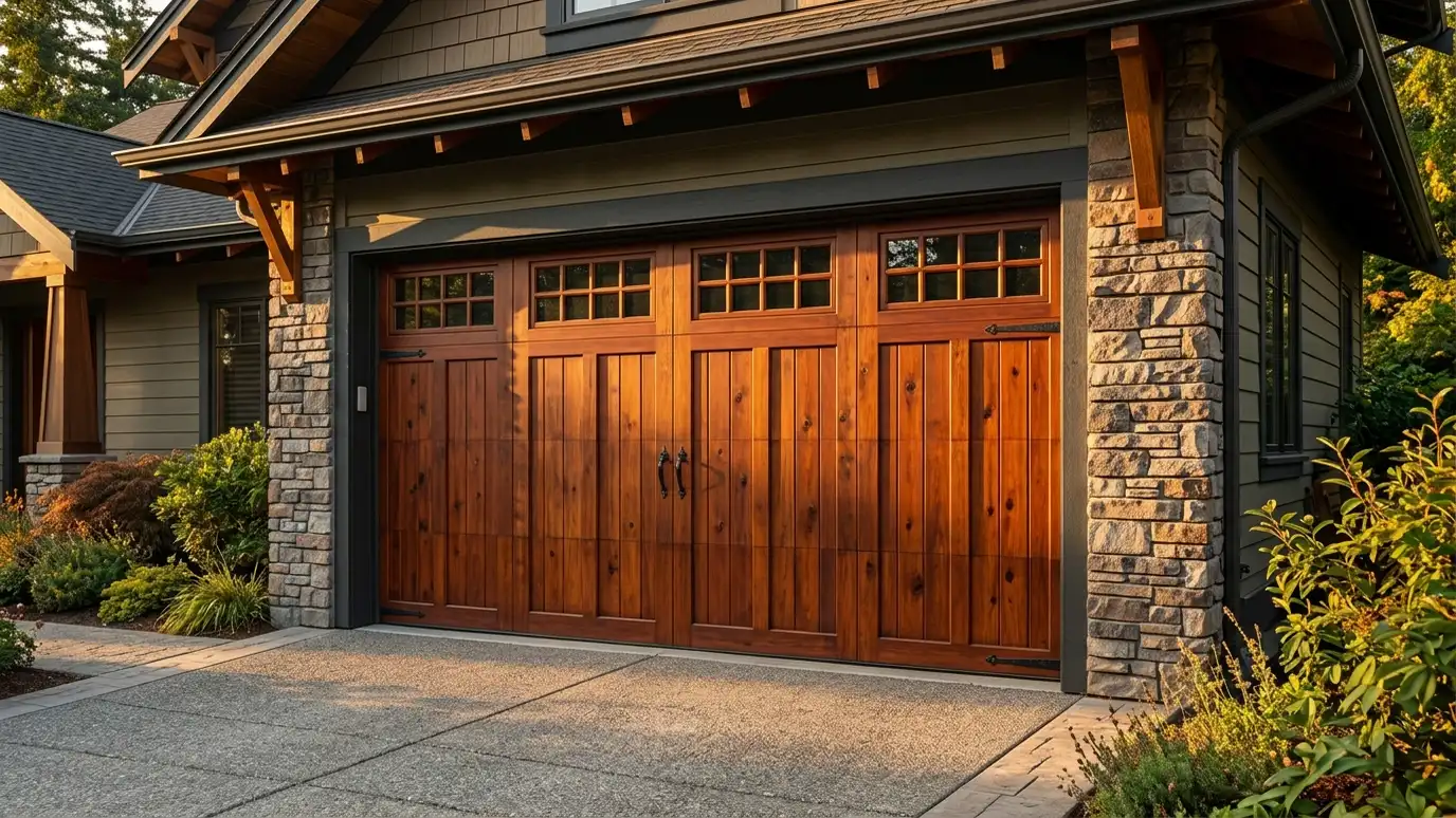 A rich stained cedar wood garage door with vertical planks on a craftsman home A rich stained cedar wood garage door with vertical planks on a craftsman home